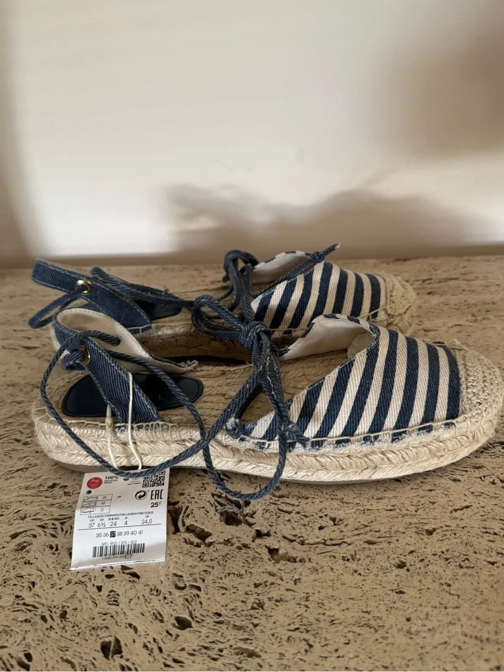 Stradivarius Navy and White Striped Espadrilles with Ankle Tie. Size EU37/US6.5